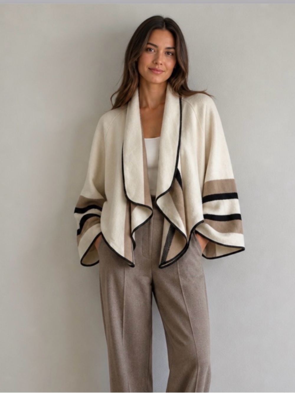 BIANCO NYGARD Cream and Tan Wool Blend Jacket